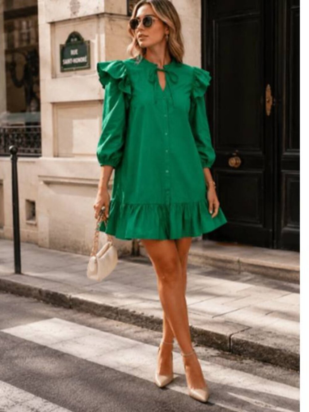 Womens Elegant Button Front Ruffle Mini Dress 100%Cotton Side Pocket Party Green